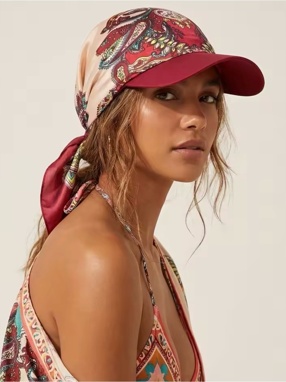 Silk Paisley Baseball Scarf Cap - Red